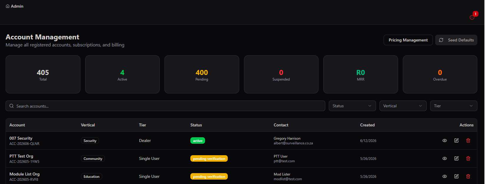Account Management dashboard with 405 total accounts, 4 active, 400 pending, R0 MRR, a search bar, and a table listing 007 Security, PTT Test Org, and Module List Org with vertical, tier, status, contact, and created date