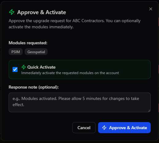 Approve and Activate modal for ABC Contractors listing PSIM and Geospatial as requested modules, a Quick Activate checkbox to immediately activate the modules, and an optional response note field