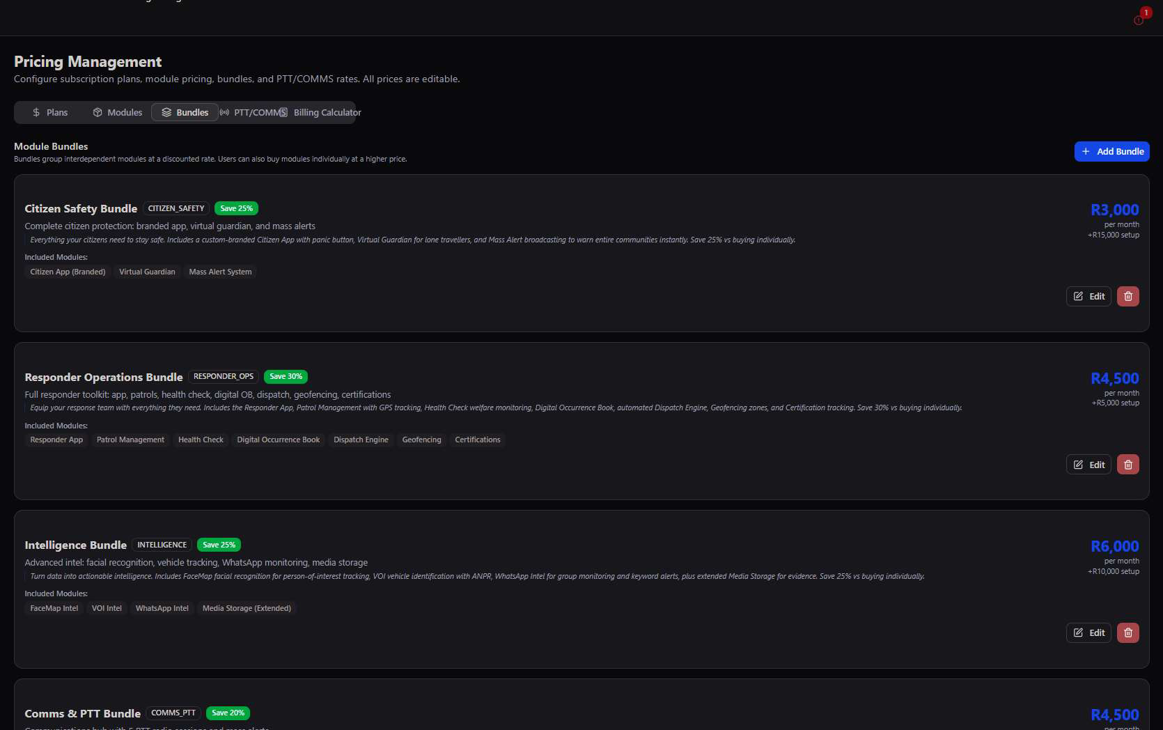 Module Bundles list showing Citizen Safety Bundle at R3000/mo saving 25%, Responder Operations Bundle at R4500/mo saving 30%, and Intelligence Bundle at R6000/mo saving 25%, each listing included modules