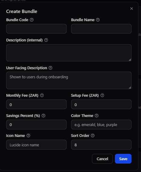 Create Bundle modal with empty Bundle Code, Bundle Name, Description fields, Monthly Fee, Setup Fee, Savings Percent, Color Theme, Icon Name, and Sort Order