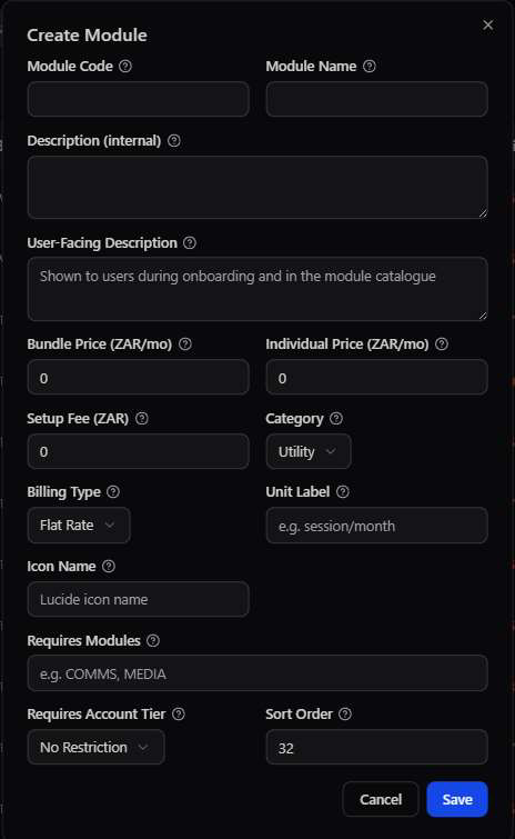 Create Module modal with empty Module Code, Module Name, Description fields, Bundle Price, Individual Price, Setup Fee, Category, Billing Type, Unit Label, Icon Name, Requires Modules, Requires Account Tier, and Sort Order