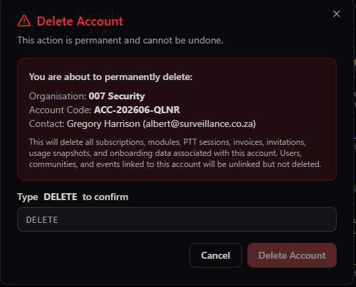 Delete Account confirmation modal warning the action is permanent, requiring the user to type DELETE to confirm