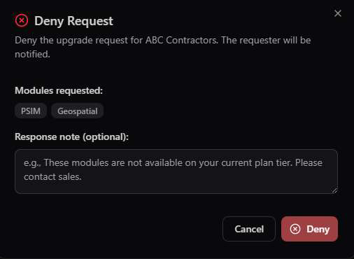 Deny Request modal for ABC Contractors listing PSIM and Geospatial as requested modules, with an optional response note explaining the denial