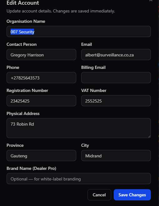 Edit Account modal with Organisation Name, Contact Person, Email, Phone, Billing Email, Registration Number, VAT Number, Physical Address, Province, City, and Brand Name fields