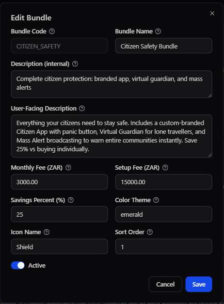 Edit Bundle modal for Citizen Safety Bundle showing Bundle Code, Bundle Name, internal Description, User-Facing Description, Monthly Fee, Setup Fee, Savings Percent, Color Theme, Icon Name, Sort Order, and Active toggle