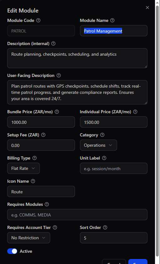 Edit Module modal for Patrol Management showing Module Code, Module Name, internal Description, User-Facing Description, Bundle Price, Individual Price, Setup Fee, Category, Billing Type, Unit Label, Icon Name, Requires Modules, Requires Account Tier, Sort Order, and Active toggle