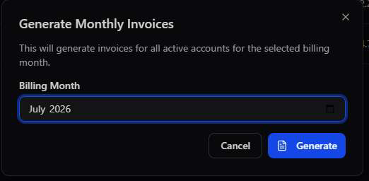 Generate Monthly Invoices modal warning this will generate invoices for all active accounts for the selected billing month, with a Billing Month picker set to July 2026