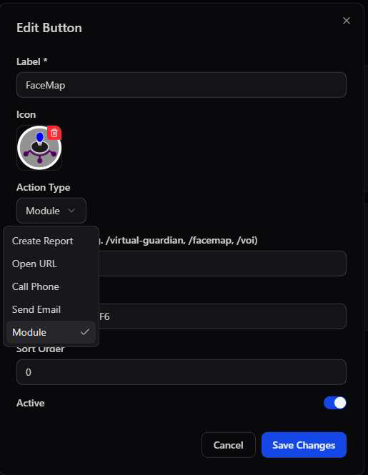 Edit Button Action Type dropdown open, showing Create Report, Open URL, Call Phone, Send Email, and Module options, with Module selected