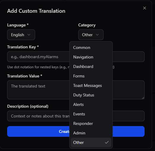 Add Custom Translation modal with language dropdown, translation key, translation value, category, and description fields