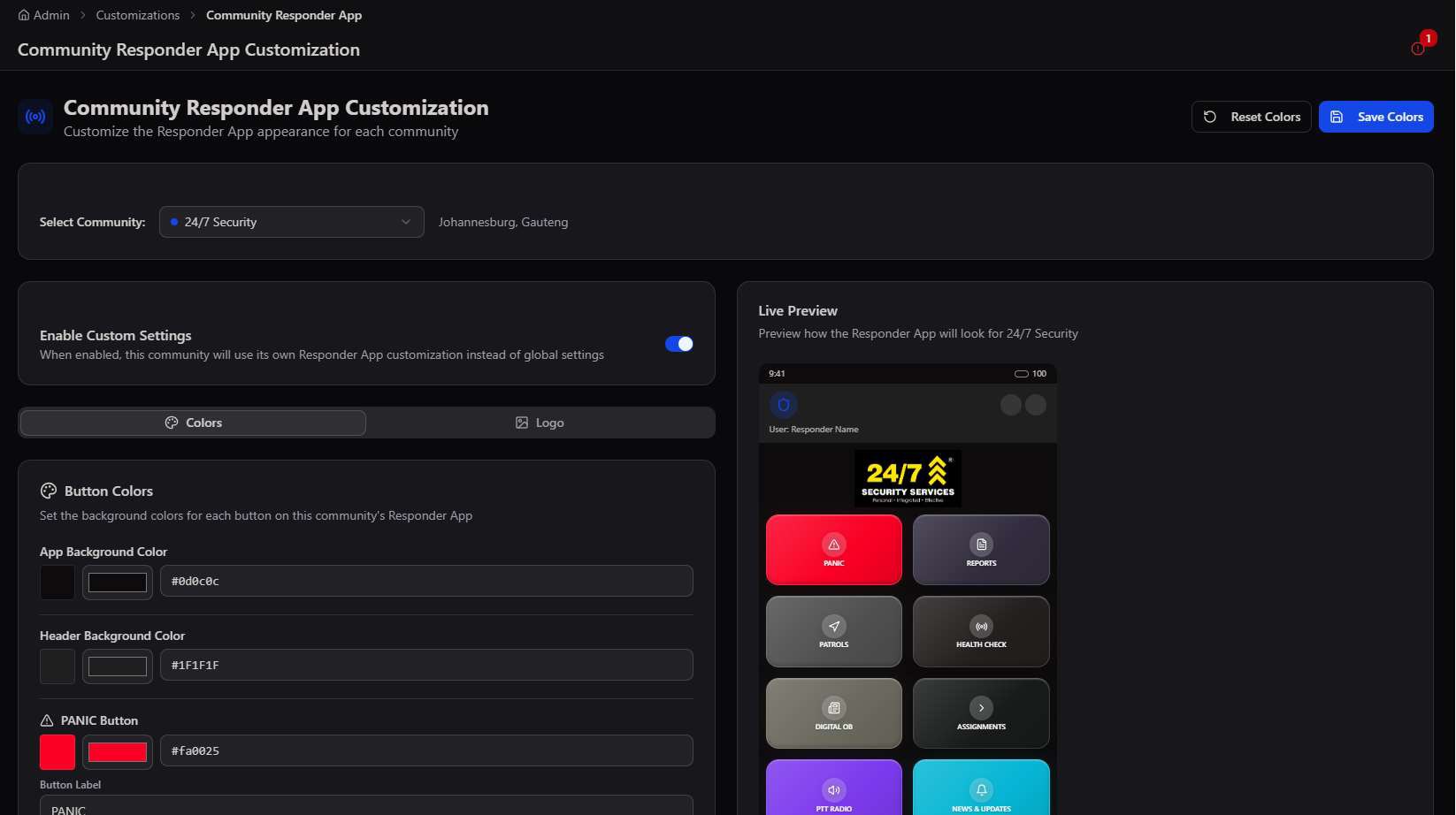 Community Responder App preview for 24/7 Security showing custom logo and grayscale tile theme on the responder dashboard