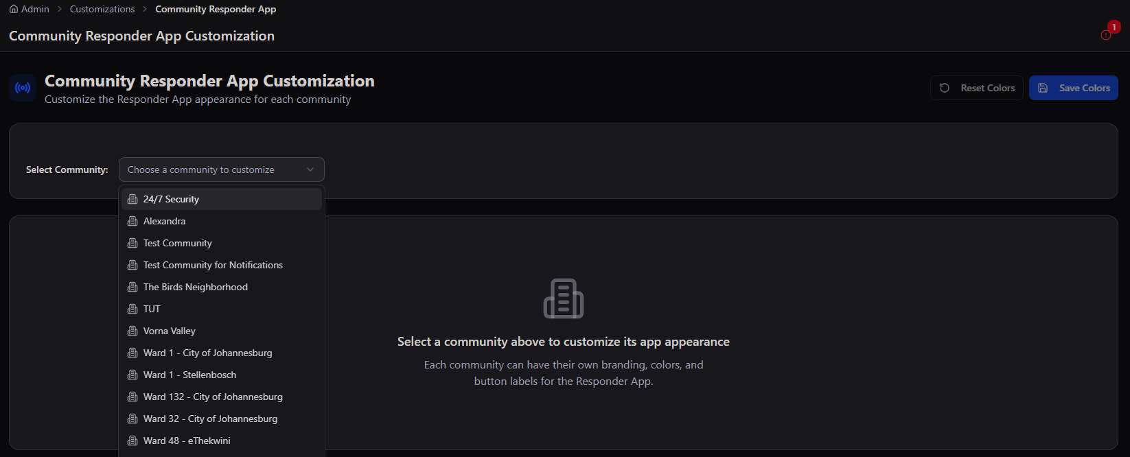 Community Responder App Customization community picker dropdown listing communities like 24/7 Security, Alexandra, Ward 1