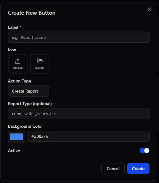 Create New Button modal with label, icon upload/gallery picker, action type Create Report, report type, background color, and active toggle