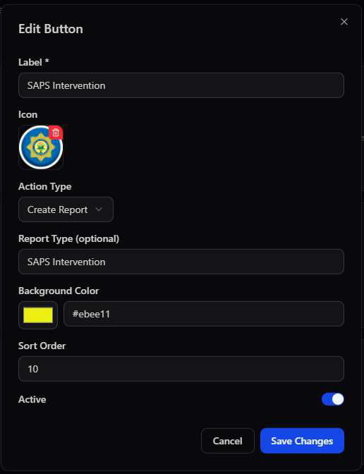 Edit Button modal for SAPS Intervention showing label, icon, action type Create Report, report type, background color, sort order, and active toggle