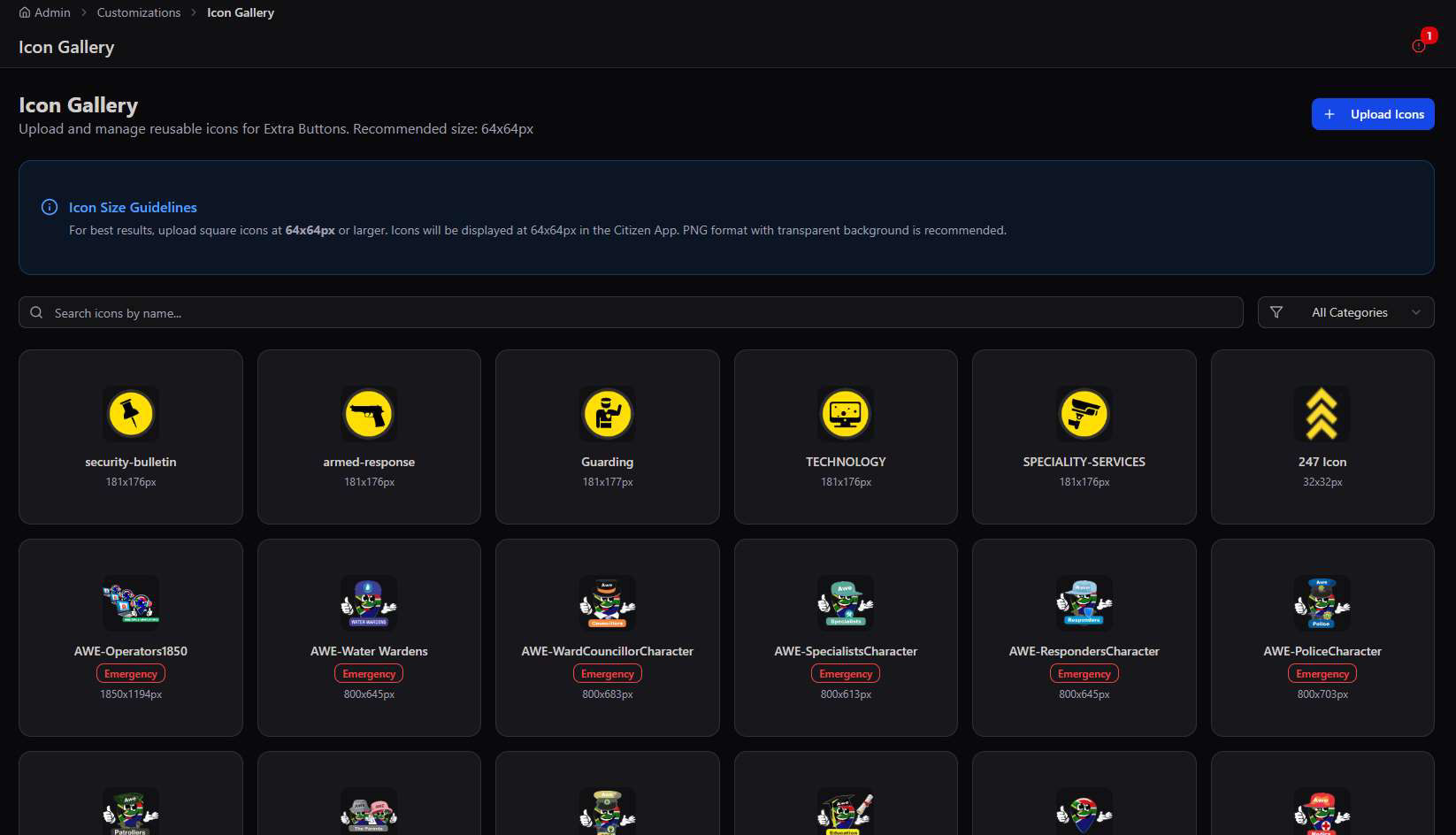 Icon Gallery screen showing a grid of icons with names and categories, including security-bulletin, armed-response, Guarding, TECHNOLOGY, and several character mascot icons tagged Emergency