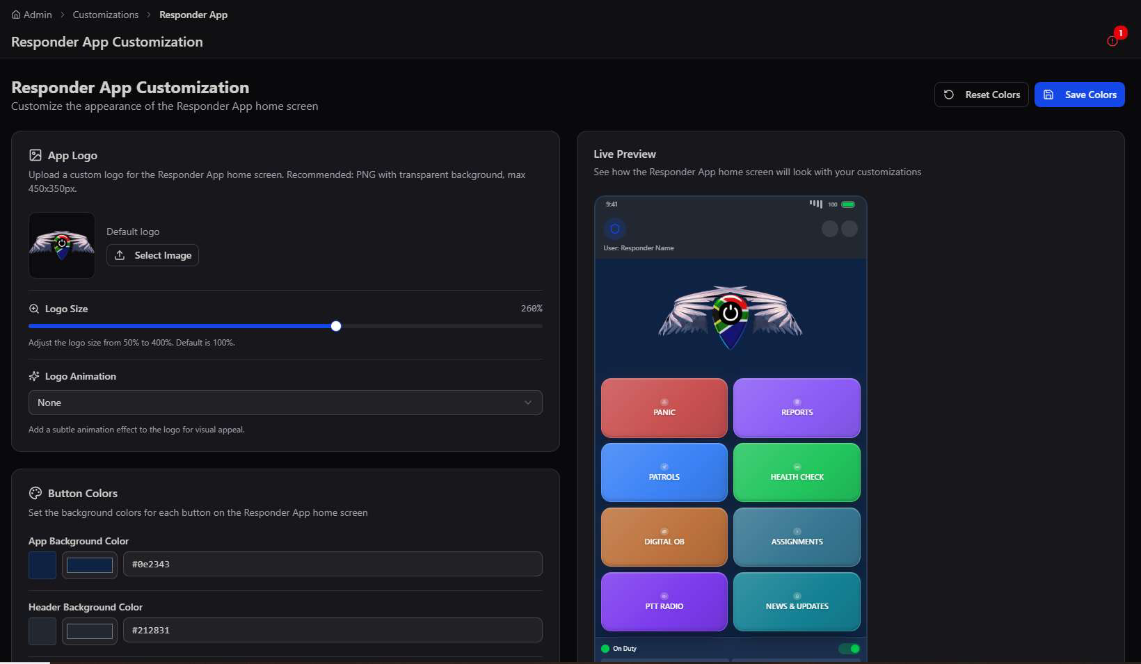 Responder App Customization screen with logo, app background color, header background color, and a live preview of the responder home dashboard tiles