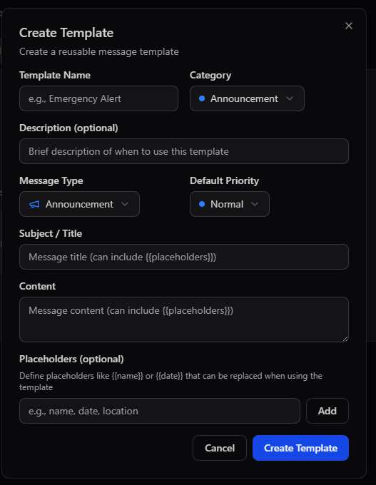 Create Template modal