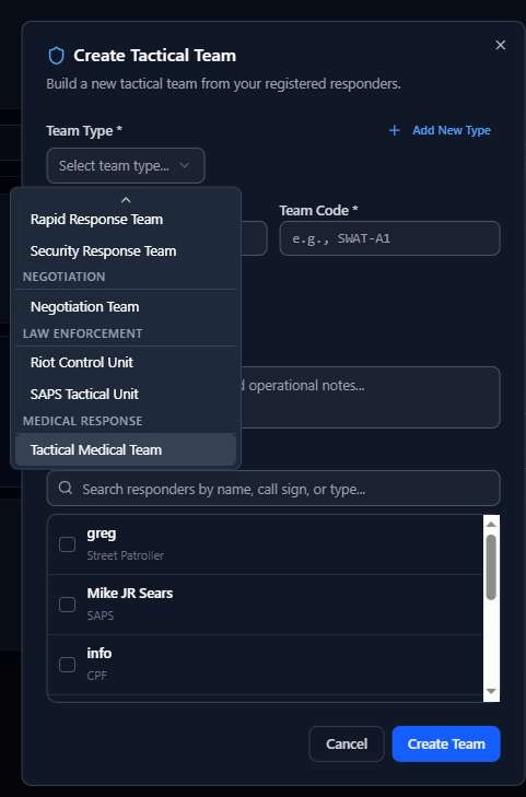 Create Tactical Team modal