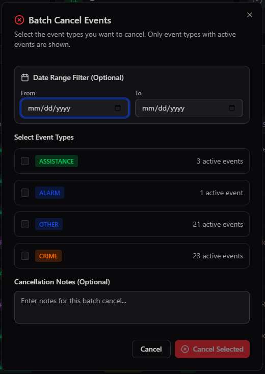Batch Cancel Events modal