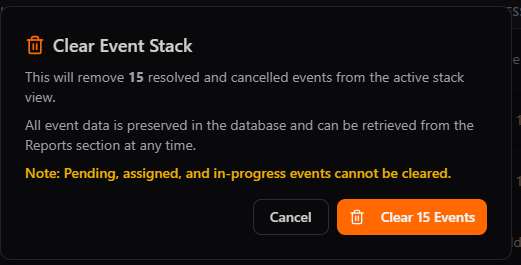 Clear Event Stack modal