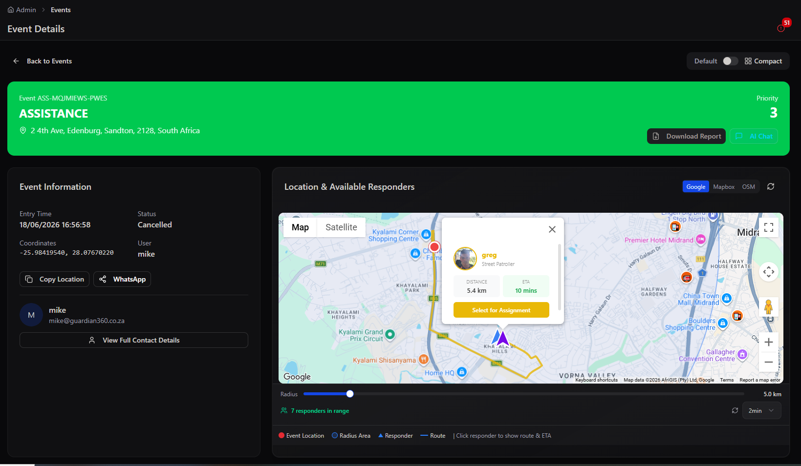 Event Details map with responder route and ETA