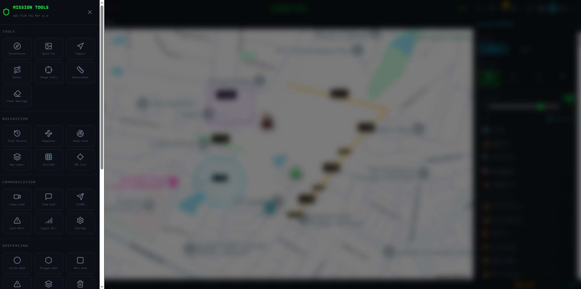 Mission Tools panel with Tools, Navigation, Communication, and Geofencing groups