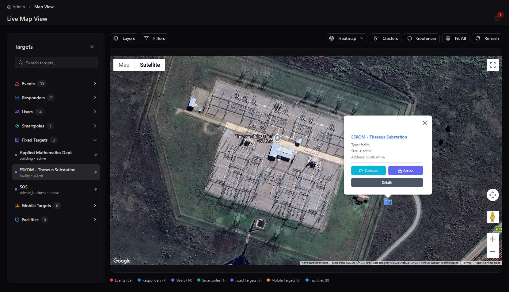 Fixed Target facility popup for an ESKOM substation with Cameras and Access buttons