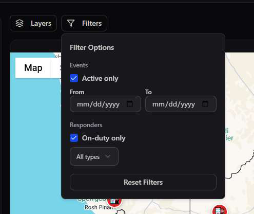 Filter Options panel with Active Only, date range, and On-duty only