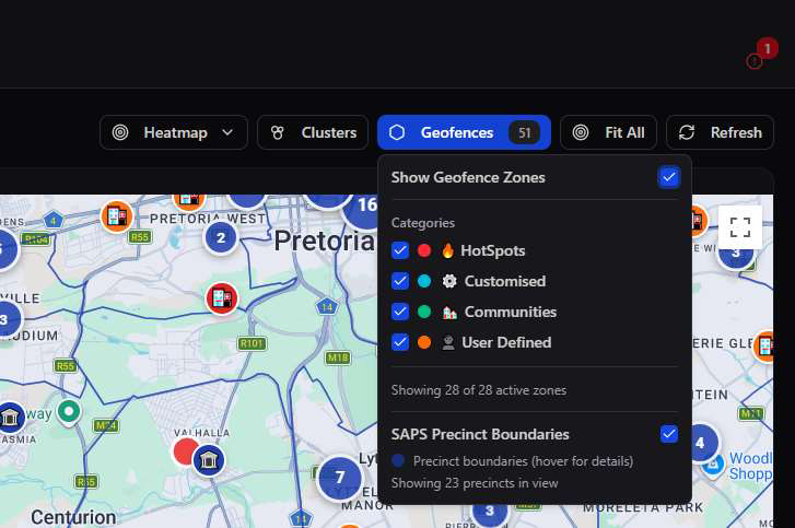 Geofences panel with categories Hotspots, Customised, Communities, User Defined