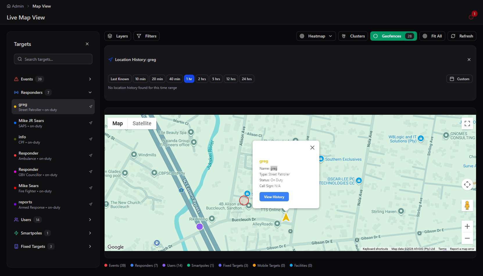 Responder detail popup with Location History time range selector