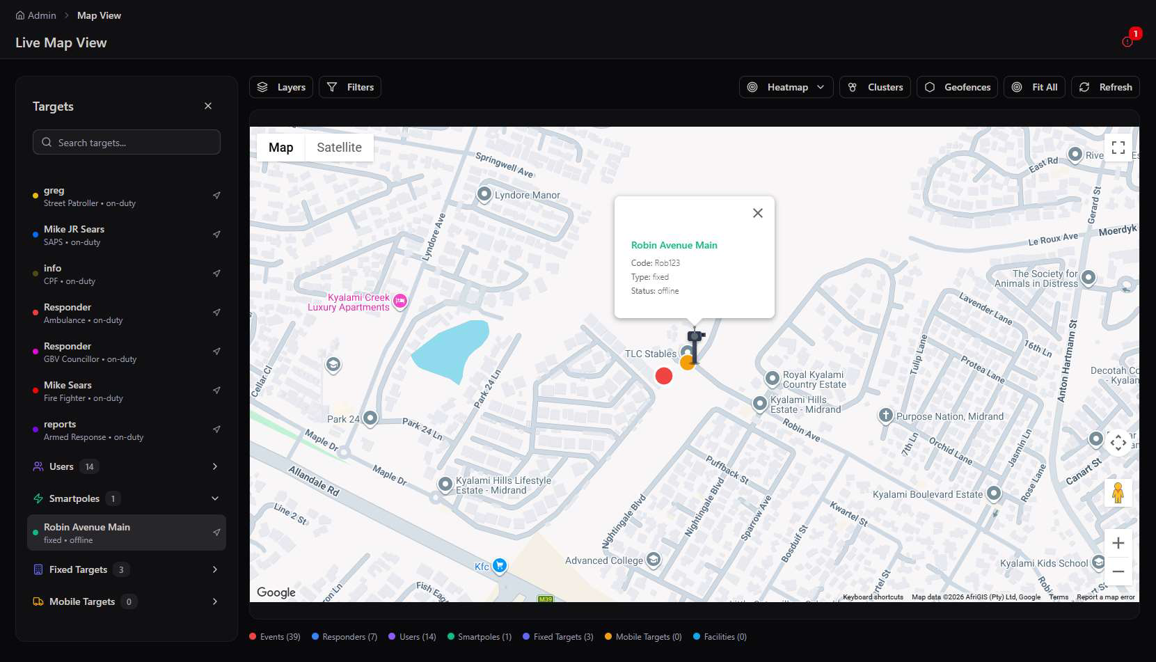 Smartpole target popup showing code, type, and offline status