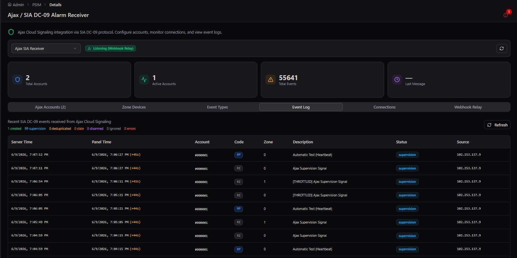 SIA DC-09 event log table with codes and timestamps