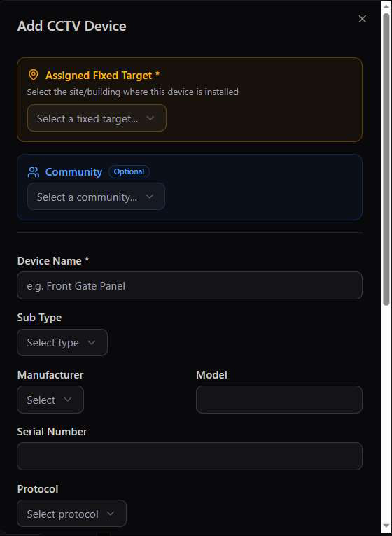 Add CCTV Device dialog with fixed target, community, and sub type