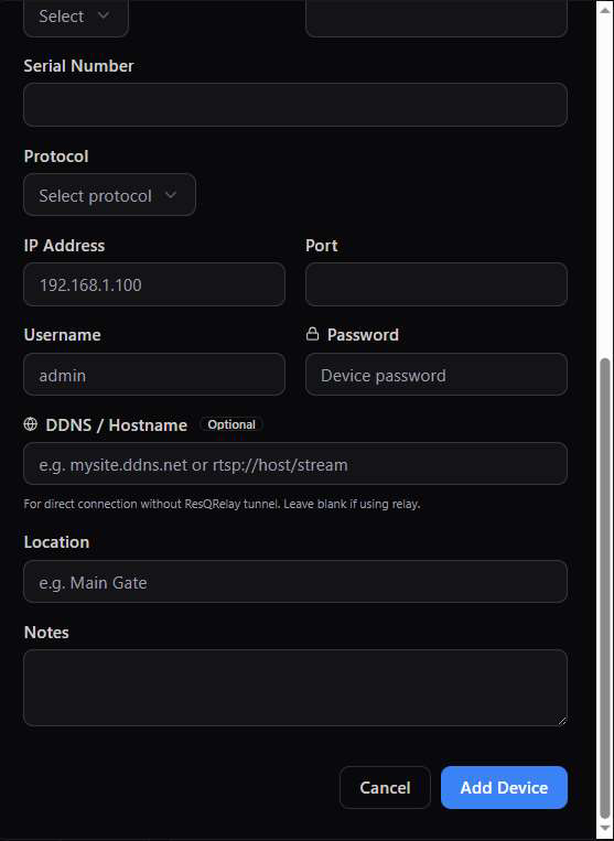 Add CCTV Device dialog continued with IP, credentials, and DDNS hostname