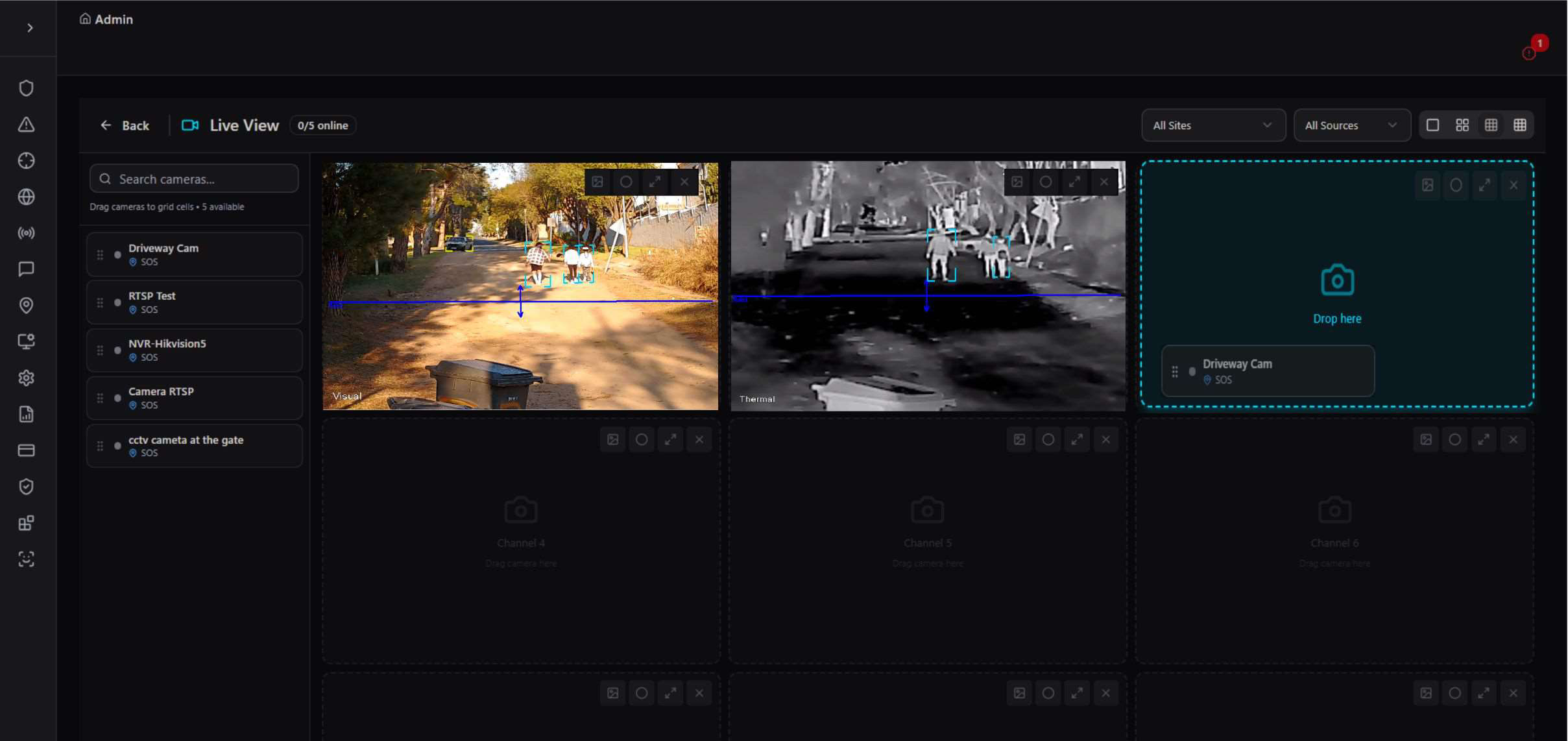 CCTV Live View drag-and-drop grid with visual and thermal feeds