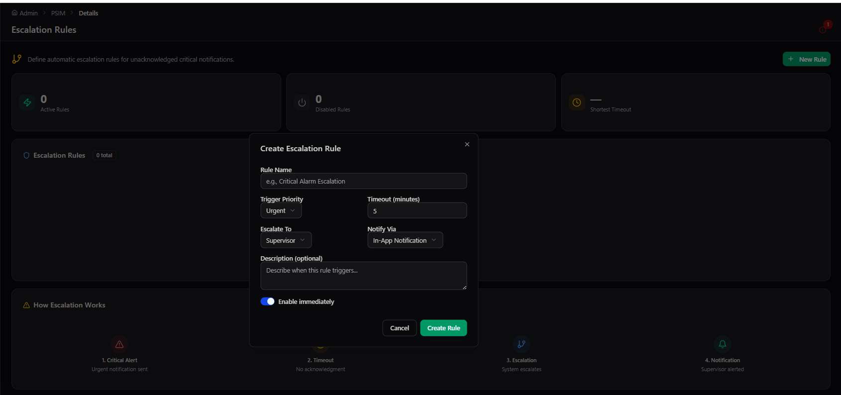 Create Escalation Rule dialog with the four-step escalation workflow below it