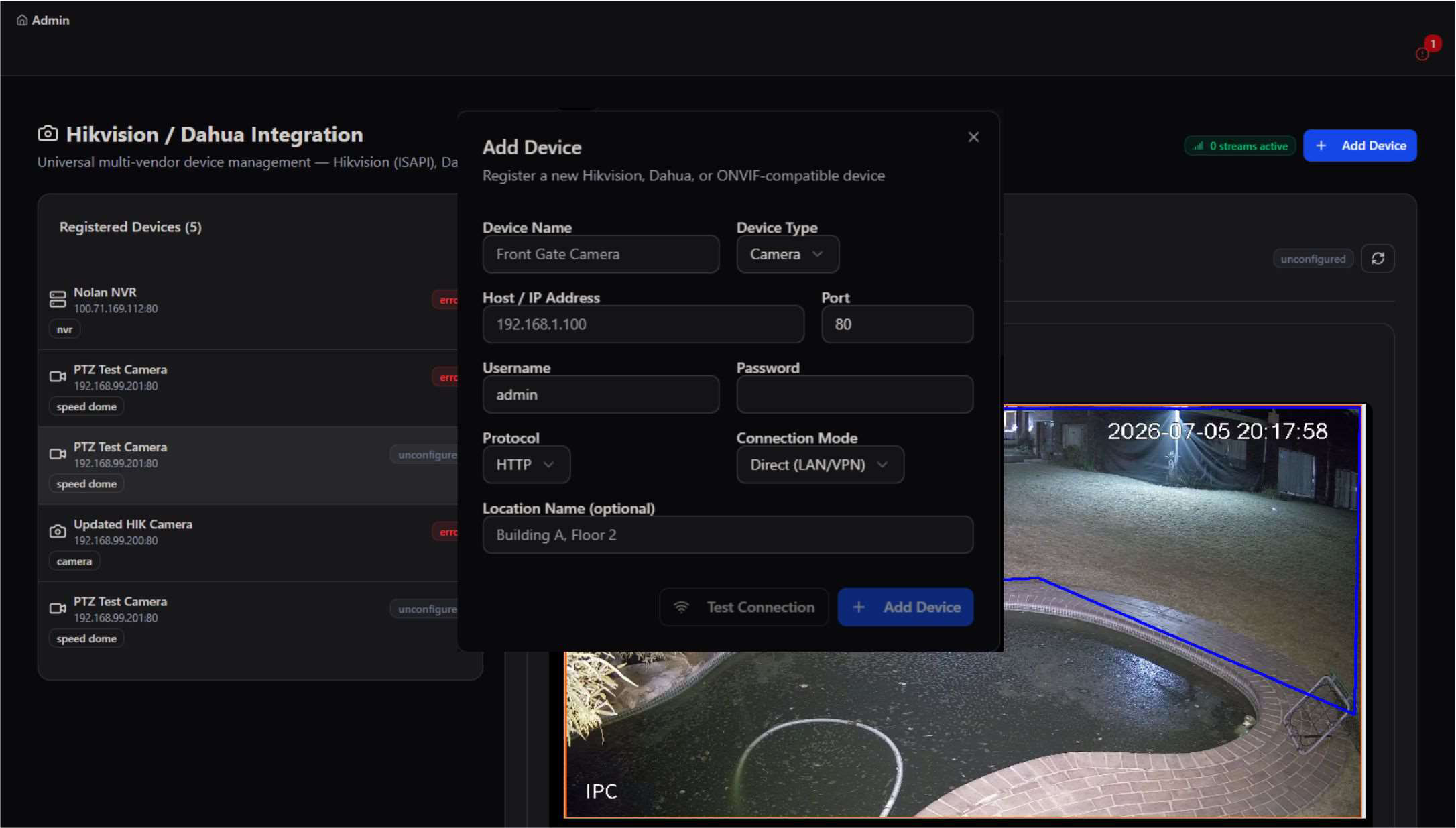 Hikvision/Dahua Add Device dialog with host, credentials, and protocol