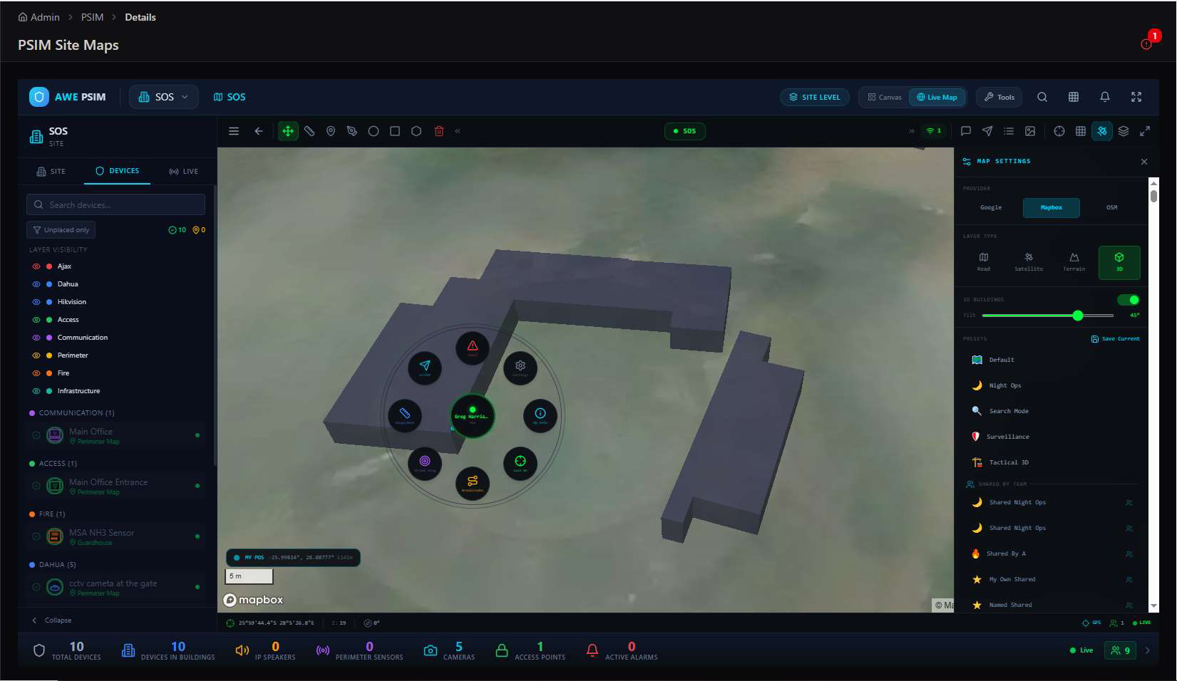 3D tactical map view with a responder's radial menu open