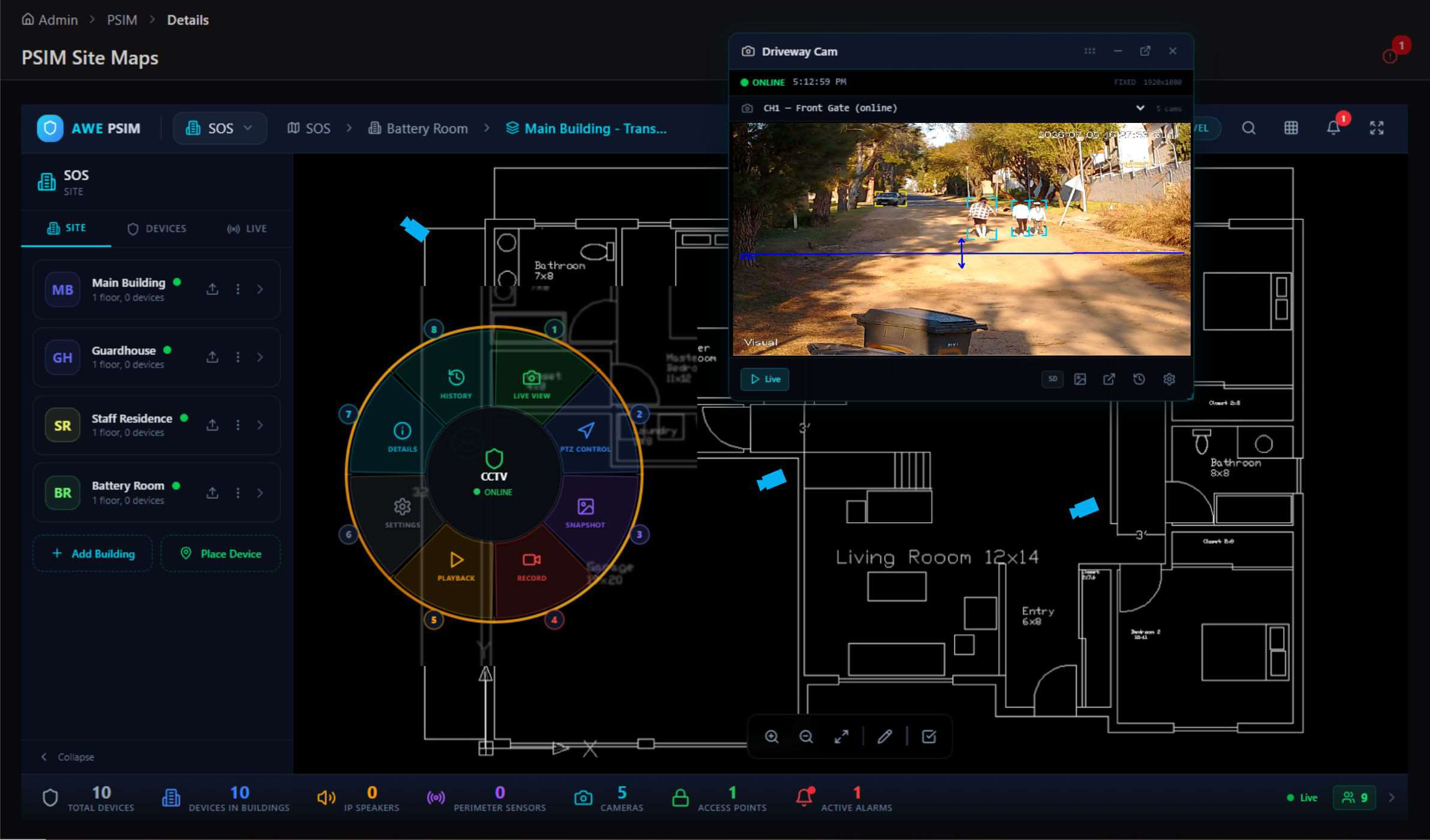 Radial CCTV control wheel with live video feed opened over a floor plan