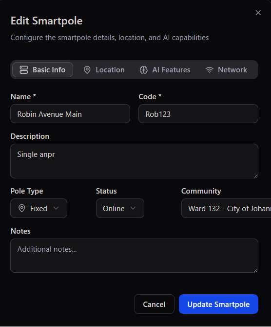 Edit Smartpole Basic Info tab with name, code, and community