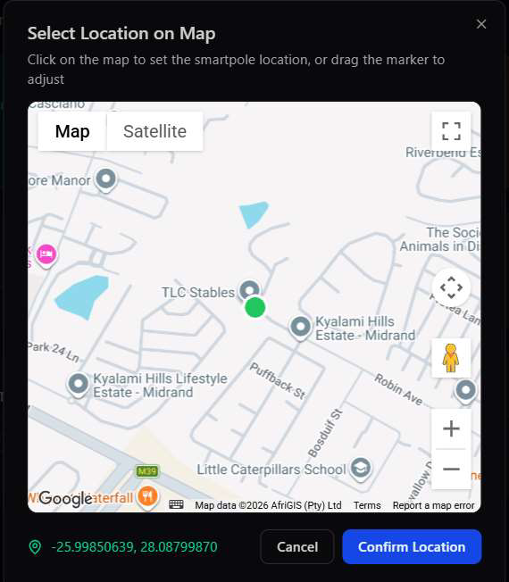 Select Location on Map dialog for a smartpole