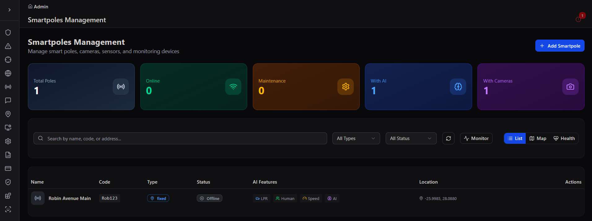 Smartpoles Management list with type, status, and AI features