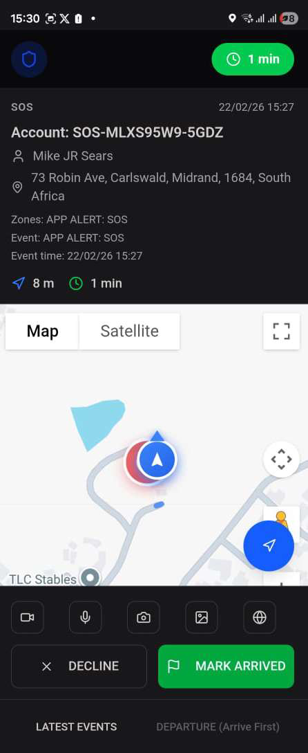 En route map with Mark Arrived button