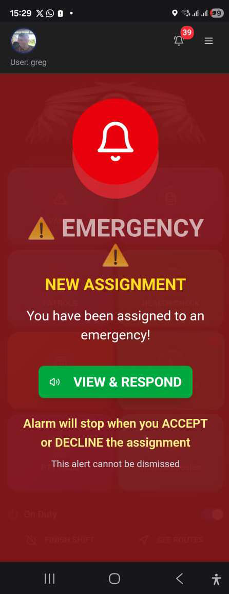 Full-screen Emergency New Assignment alert