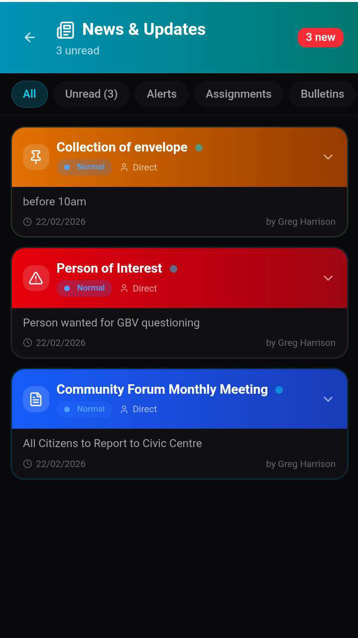 News and Updates feed with Person of Interest alert