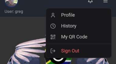 Profile dropdown menu with Profile, History, My QR Code, Sign Out