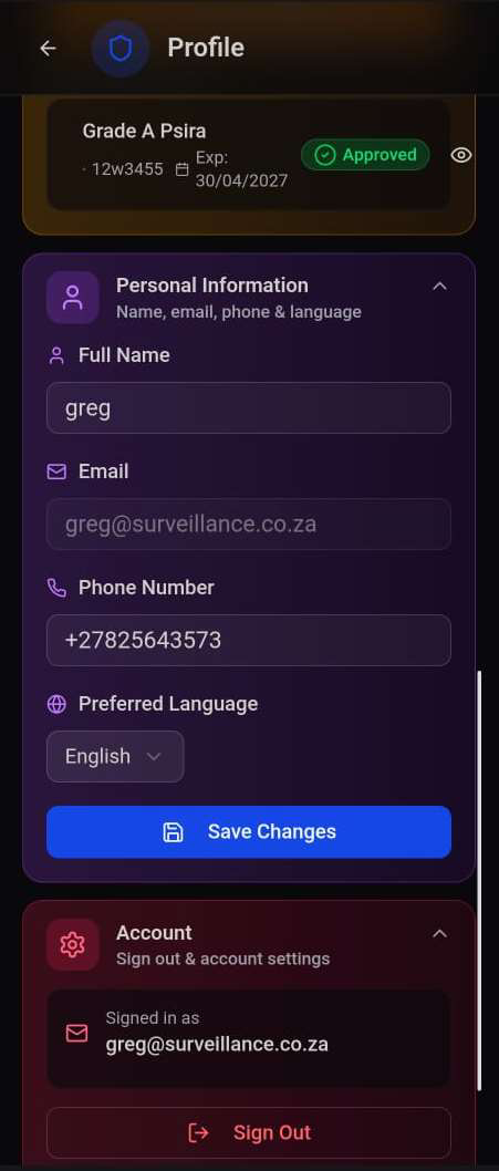 Profile screen with personal info and credentials