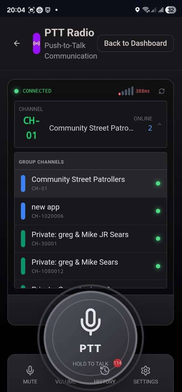 PTT Radio channel list with push-to-talk button