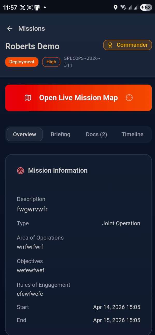 Mission detail screen with Open Live Mission Map and overview tabs