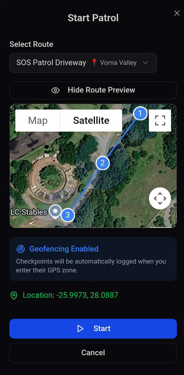 Start Patrol modal with route preview and geofencing