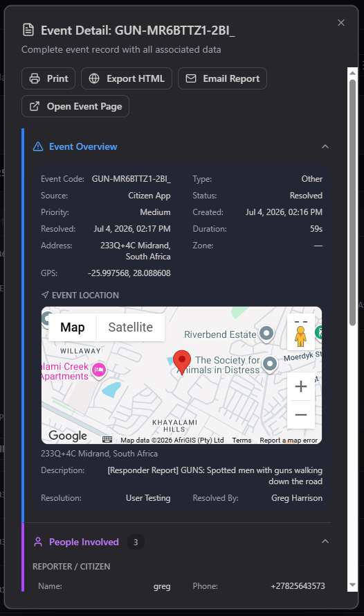 Event Detail panel showing Event Overview with code, type, source, priority, status, address, GPS, an embedded map, description, and resolution